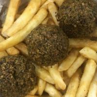 Kids Falafels · 3 Pieces of Falafel served with Fries or a Small Salad and comes with a juice box.