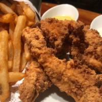 Crispy Chicken Tenders · Hand-breaded chicken from Springer Mountain Farms. Comes with crispy seasoned fries and a he...