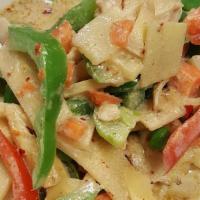 Green Curry  · Spicy. Bamboo shoots, eggplant, green beans, bell peppers, and Thai basil with a green curry...