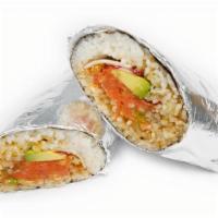 Spicy Poke Tuna Burrito · Spicy. Spicy tuna, sesame seeds, scallions, avocado, masago, kimchi, tempura flakes and spic...