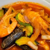 Spicy Seafood Noodles (짬뽕) · Spicy seafood soup.