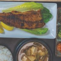 Grilled Mackerel Combo (고등어 구이 콤보) · Salted Norway mackerel and fermented soybean stew.