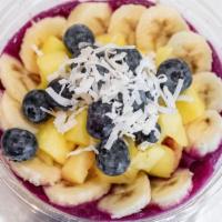 Island Bowl · Toppings: granola, banana, blueberry, pineapple, honey and coconut flakes.