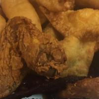 Pu Pu Platter For 2 · 4 pieces chicken fingers, 2 pieces teriyaki, 2 pieces egg roll, 2 pieces chicken wings, bone...