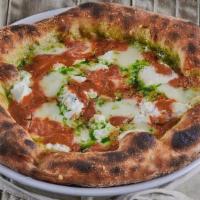 Upside Down Pizza · cheese blend, grana padano, ricotta, garlic oil, tomato drizzle