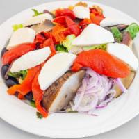 Portobello Salad · Mixed greens, walnuts, roasted peppers, fresh mozzarella, olives, onions & balsamic dressing.