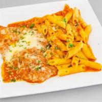 Chicken Parmigiana Dinner · Breaded chicken and homemade pasta tossed in marinara sauce and covered with cheese.