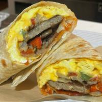 Jersey Giant Breakfast Burrito · Three scrambled eggs, Cheddar cheese, red and green onions, choice of Taylor ham, sausage, b...