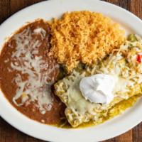 Enchiladas Verdes · Traditional green sauce with your choice of chicken ground beef or picadillo garnish with so...