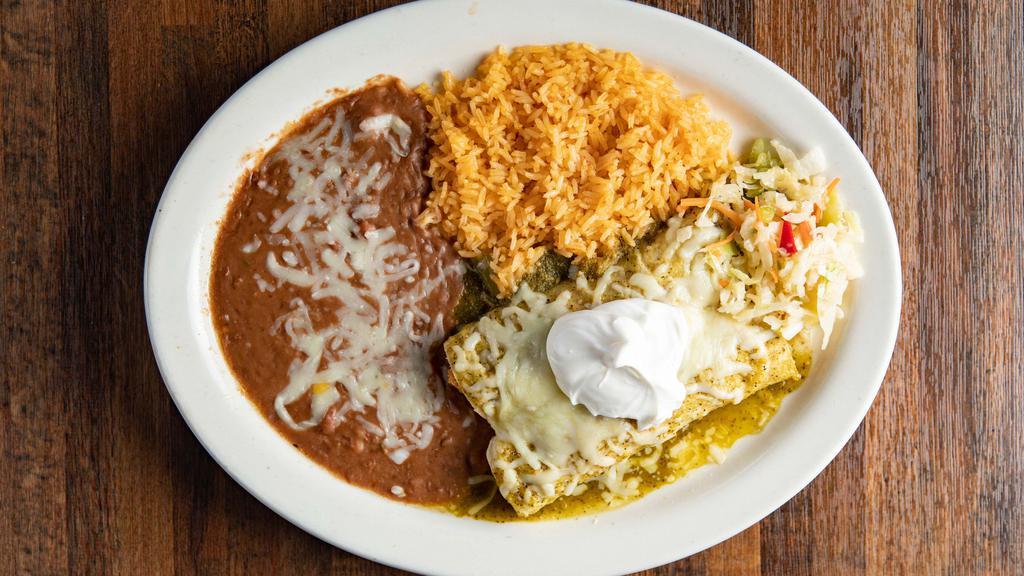 Enchiladas Verdes · Traditional green sauce with your choice of chicken ground beef or picadillo garnish with sour cream.