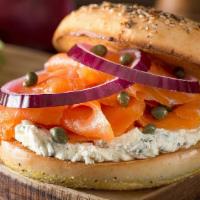 Lox And Bagel · Sliced Lox with light cream cheese, tomato, onion, caper on bagel