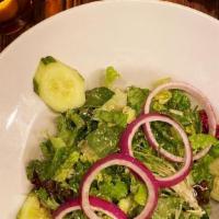 House Salad · Romaine | Mesclun | Homemade Vinaigrette | English Cucumbers | Red Onions