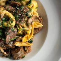 Spinach & Garlic Tortellini W/ Sausage · Mild Italian sausage, mushrooms, medjool dates, garlic, olive oil