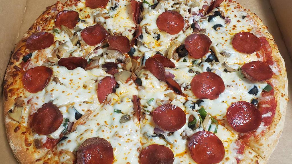 Supreme Pizza · Italian sausage, mushrooms, onion, bell peppers,
black olives, ham, and pepperoni