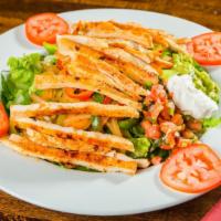 Fajita Salad · Our House Salad with Grilled Chicken Steak, Onions, Bells Peppers, Cheese, Tomatoes, Pico De...