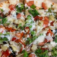 Veggie Supremo Pizza · Mushroom, tomato, onion, black olives, artichoke hearts, broccoli, garlic, spinach, and roas...