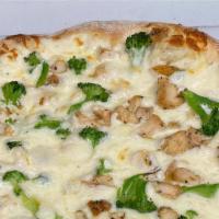 Chicken Alfredo Pizza · Grilled chicken, broccoli, Alfredo sauce, and mozzarella cheese.
