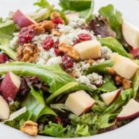 Cafe Salad · Mixed greens, candied walnuts, dried cranberries, bleu cheese crumbles, apple slices and gri...