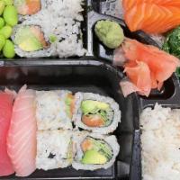 Sushi Box 2 · Alaska Roll (8pcs) Sashimi Salmon (2pcs) Sushi (3pcs) Seaweed Salad and Sushi rice
