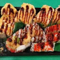 College Hill Roll · Tempura shrimp topped with spicy crab and eel sauce