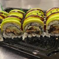 Dragon Roll · Eel, Cucumber inside, topped with avocado, eel sauce