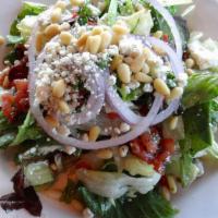 Lunch Nick'S Salad · Spring mix, pine nuts, red onions, marinated tomatoes, blue crumbles, kalamata olives and tu...