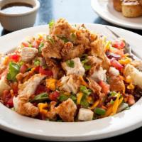 Lunch Fried Chicken Salad · Lettuce mix, bacon, jack and cheddar, eggs, carrots, tomatoes, green onions, and choice of d...