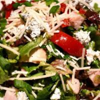 Dinner Tuscan Chopped Salad · Spring mix, ham, turkey, chicken, parmesan, green onions, blue cheese crumbles, cherry peppe...