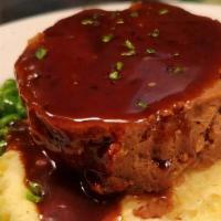 Dinner Mama'S Meatloaf · Brown gravy, tomato glaze, mashed potatoes, buttered peas