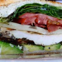 Lunch California Chicken Sandwich · Bacon, swiss, spring mix, avocado, tomato, mayo, and wheat bread.