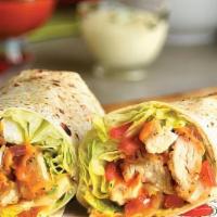 Buffalo Crispy Chicken Wrap · Crispy buffalo chicken romaine lettuce, tomatoes, served with a side of blue cheese dressing.