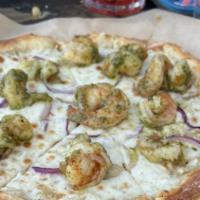 Pesto Shrimp Pizza · White sauce, Mozzarella, Pesto Marinated Shrimp, Red Onion.