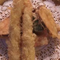 Mixed Tempura Appetizer · Two pieces of tempura shrimp, three pieces of tempura vegetable, and one piece of tempura cr...