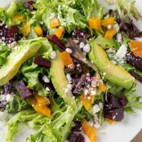Feel The Beet · Gluten free. Roasted red and gold beets over Arcadian greens, with avocado, candied pecans a...