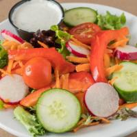 Garden Salad · Gluten free. Spring mix, tomato, carrot, cucumber, radish and sweet pepper.
