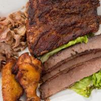 Hideaway Sampler · Gluten free. Hungry? Can't choose? Go for the sampler! Texas brisket, pulled pork, quarter r...