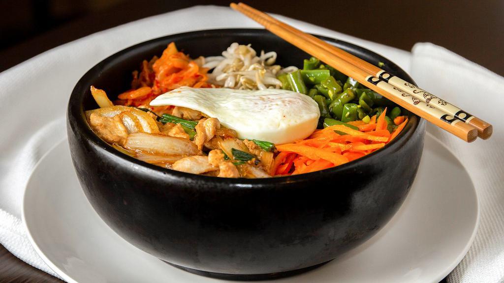 Bibimbap · Choice of chicken, pork, or beef, Kimchi, bean sprout, green bean, carrot, egg.
