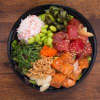 2 Fish Bowl · Includes: Imitation crab salad, seaweed salad, kyuri-zuke (pickled cucumber), masago, fried ...