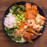 3 Fish Bowl · Includes: Imitation crab salad, seaweed salad, kyuri-zuke (pickled cucumber), masago, fried ...