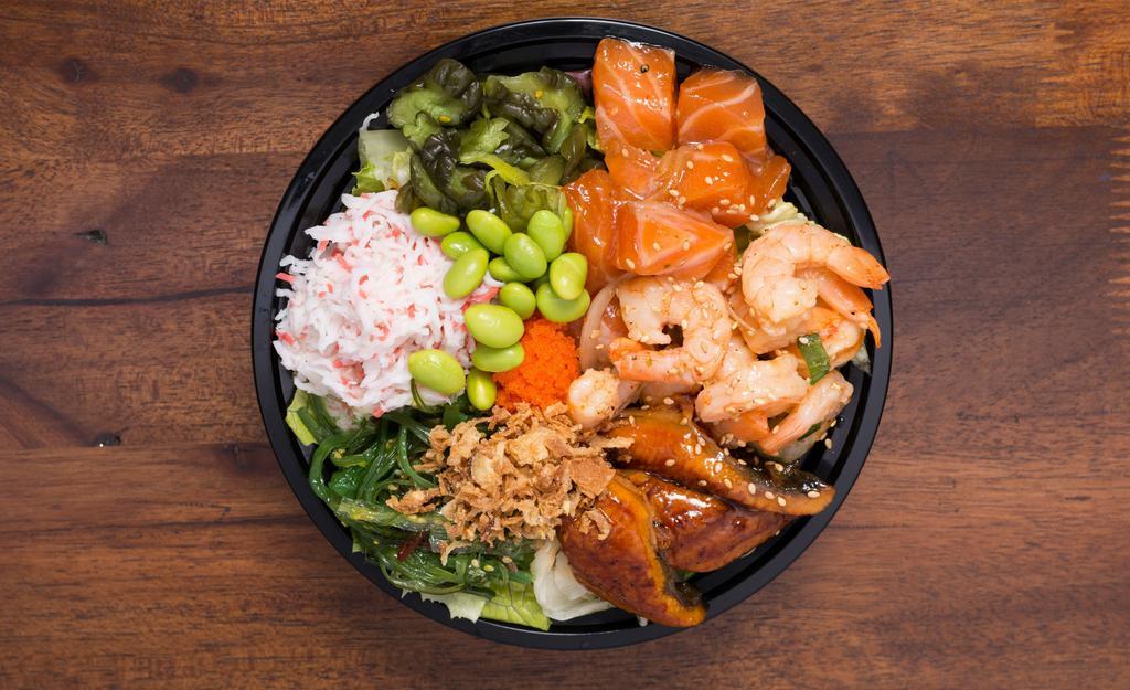 3 Fish Bowl · Includes: Imitation crab salad, seaweed salad, kyuri-zuke (pickled cucumber), masago, fried onion, and edamame.