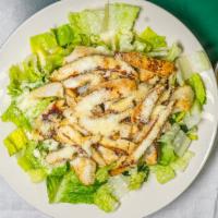 Chicken Caesar Salad · Grilled chicken, crisp romaine, house croutons, and parmesan.