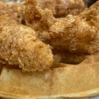 Chicken & Waffle · A Belgium fluffy waffle topped with three fresh chicken tenders.