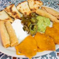 Botana Special · Bean and cheese nachos, flautas, and quesadillas. Served wish guacamole, sour cream, and jal...