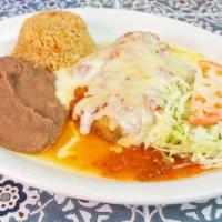 Chile Relleno Plate · Your choice of beef or cheese, topped with ranchero sauce and melted white cheese. With a si...