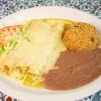Enchiladas Verdes · Three chicken enchiladas topped with tomatillo sauce, with a side of lettuce and tomato. Inc...