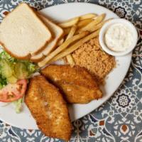 Fried Fish Plate · Served with French fries, rice, lettuce and tomato.