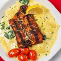 Cheese Ravioli With Grilled Salmon · With Your Choice of Spinach & Cherry Tomatoes in a Lemon Pepper Cream Sauce, Pesto Cream Sau...