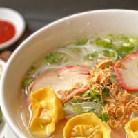 Wonton & Roasted Pork Noodle Soup · Noodles in clear pork broth served with green onions, cilantro, accompany with bean sprouts,...