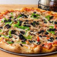 Veggie Lovers Pizza · Homemade tomato sauce, fresh dough, mozzarella, bell peppers, mushrooms, caramelized onion, ...