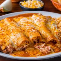Enchiladas · Three enchiladas of your choice (chicken, beef or cheese) topped with enchilada sauce and ch...